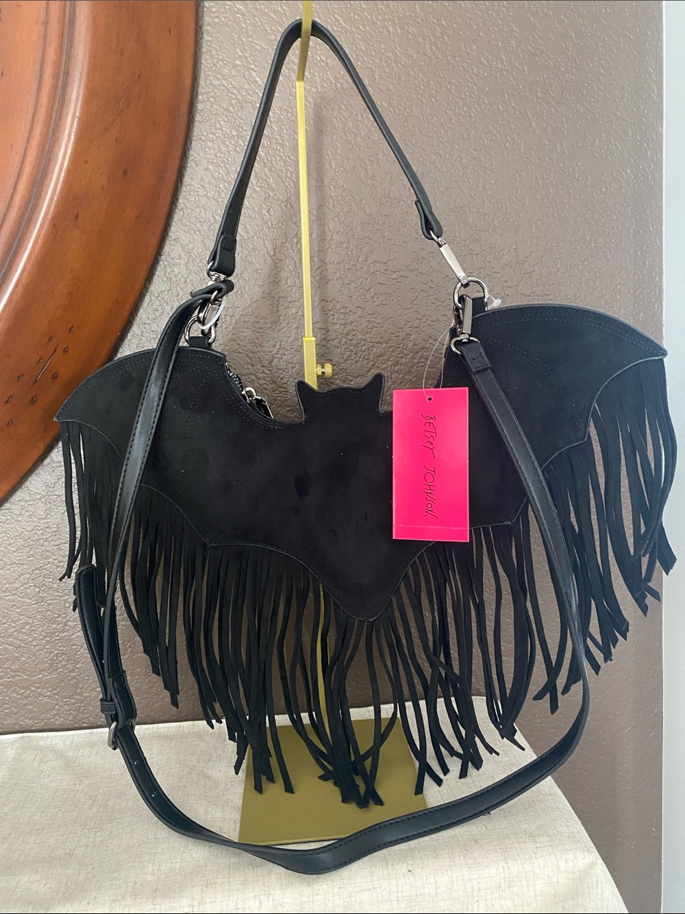 Betsey Johnson Black Suede Bat Fringe Shoulder Bag - Picture 2 of 5